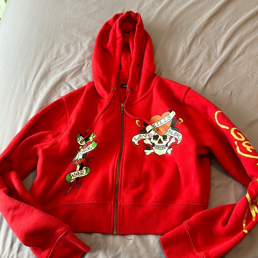Red Ed hardy red zip up hoodie size XL
